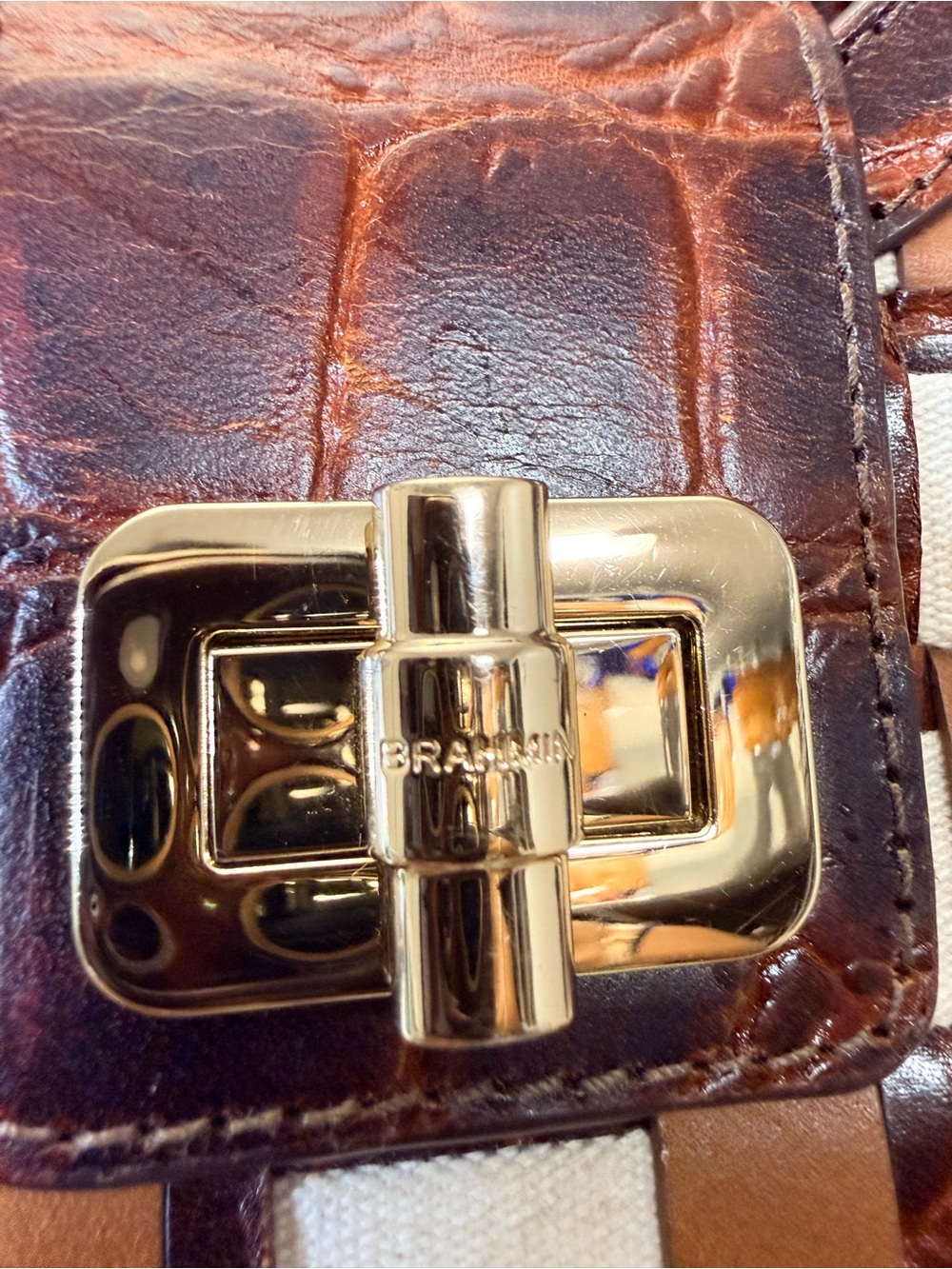 Brahmin Brown and Cream Woven Satchel with crossbody strap - Picture 3 of 7